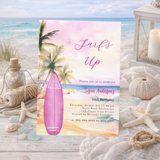 Invitation Surf plage surf de plage rose fille fête d'anniver (Créateur téléchargé)