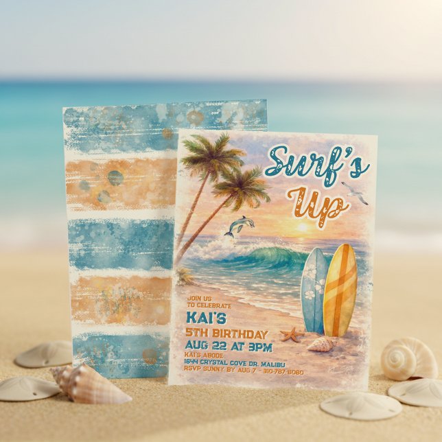 Invitation Surf’s Up Retro Watercolor Tropical Beach Birthday (Créateur téléchargé)