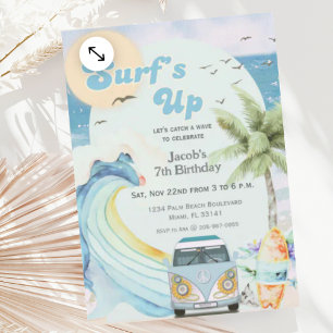 Invitation Surf Up Beach Surf bleu rétro été Anniversaire