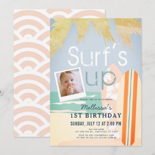 Invitation Surf Up Girl Surfboards Beach Photo1st Birthday