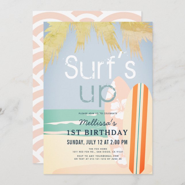 Invitation Surf Up Girl Surfboards Plage 1er anniversaire (Devant / Derrière)