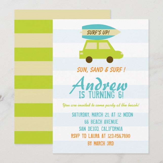 Invitation Surf Up/Green and Blue Stripes/Anniversaire (Devant / Derrière)