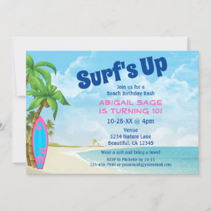 Invitation Surf Up Pink and Blue Surfboard Beach Anniversaire