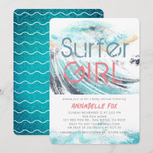 Invitation Surfer Girl Blue Wave Splash Baby shower de surf