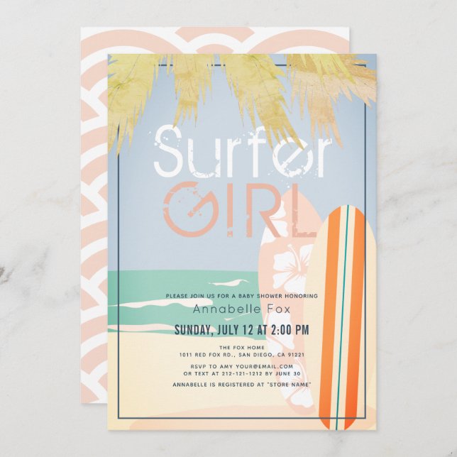 Invitation Surfer Girl Surfboards Baby shower de plage (Devant / Derrière)