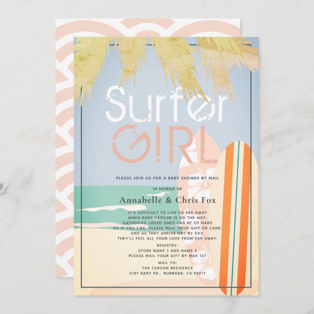 Invitation Surfer Girl Surfboards Baby shower de plage par co (Devant / Derrière)