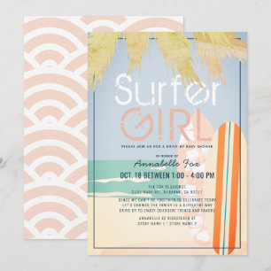 Invitation Surfer Girl Surfboards Beach Baby shower Drive-by