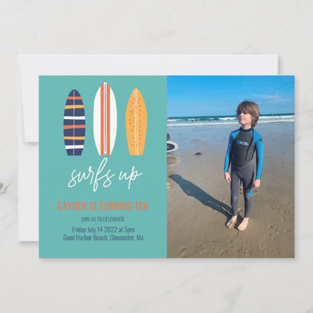 Invitation Surfs Up BOY Planche de surf plage Fête d'annivers (Devant)