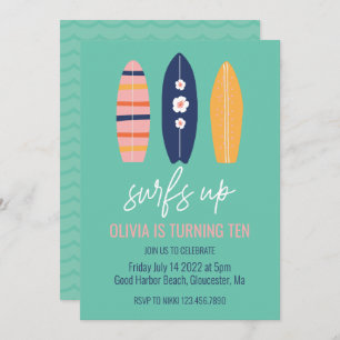 Invitation Surfs Up Girl Plage Surfboard Anniversaire