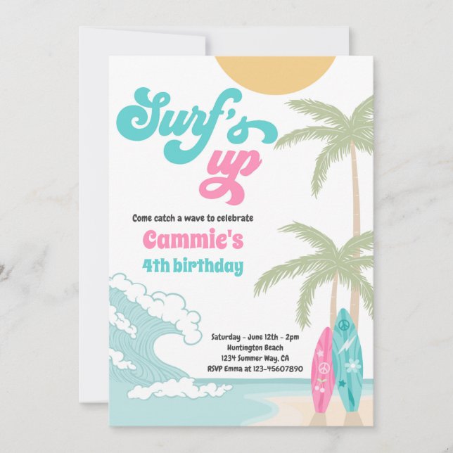 Invitation Surfs Up Retro Surfboard Beach Anniversaire (Devant)