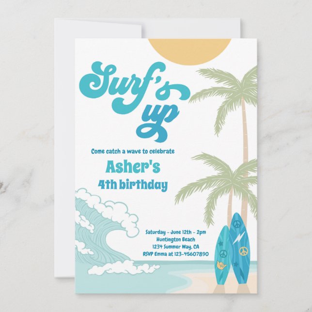 Invitation Surfs Up Retro Surfboard Beach Anniversaire (Devant)