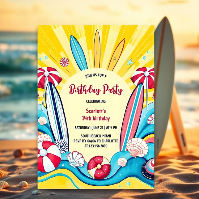 Invitation Surfs Up Summer Fun Beach Surf Anniversaire (Summer beach surfing birthday party invitation template)