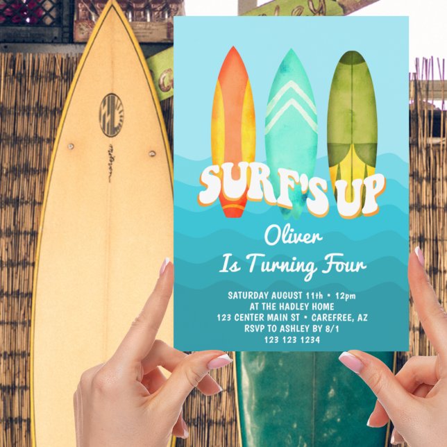 Invitation Surfs Up Surfboard Boy 4e anniversaire (Créateur téléchargé)