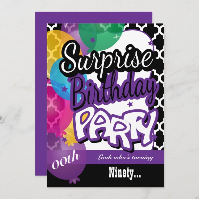 Invitation Surprise 00e anniversaire avec des ballons en viol (Devant / Derrière)
