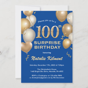 Invitation Surprise 100e anniversaire Ballons bleu et or