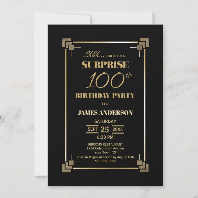 Invitation Surprise 100e anniversaire Black and Gold Party (Devant)