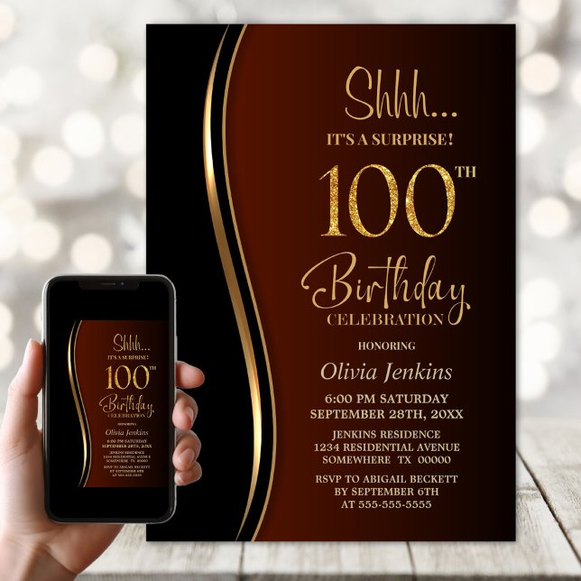 Invitation Surprise 100e anniversaire Black Gold Orange (Créateur téléchargé)