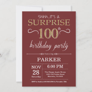 Invitation Surprise 100e Anniversaire Bourgogne et Paillettes
