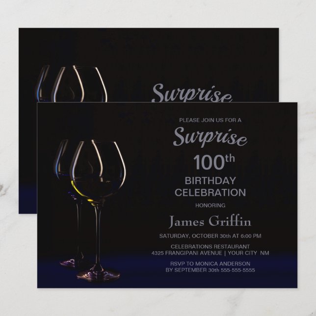 Invitation Surprise 100e anniversaire Célébration Vin verre (Devant / Derrière)