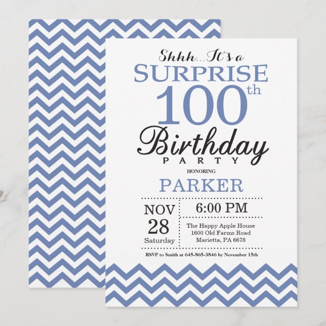 Invitation Surprise 100e Anniversaire Chevron Bleu (Devant / Derrière)