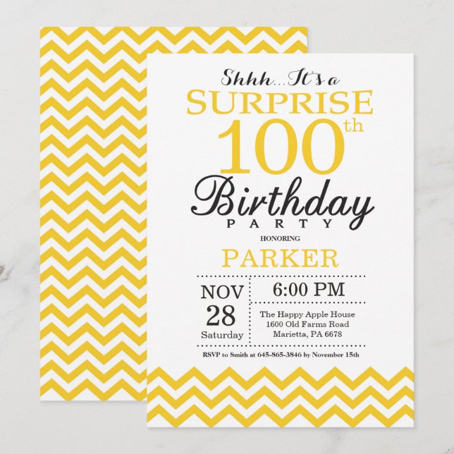 Invitation Surprise 100e anniversaire Chevron jaune (Devant / Derrière)