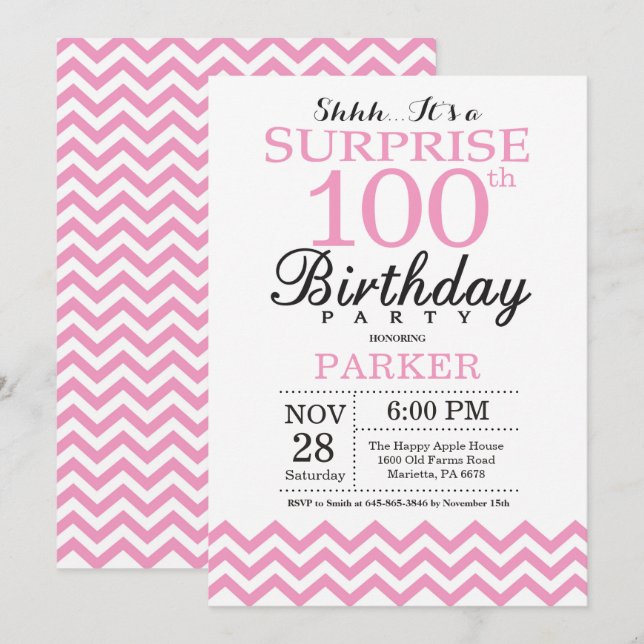 Invitation Surprise 100e Anniversaire Chevron Rose (Devant / Derrière)