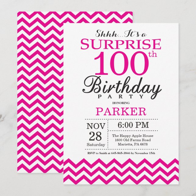 Invitation Surprise 100e Anniversaire Chevron Rose Chaud (Devant / Derrière)