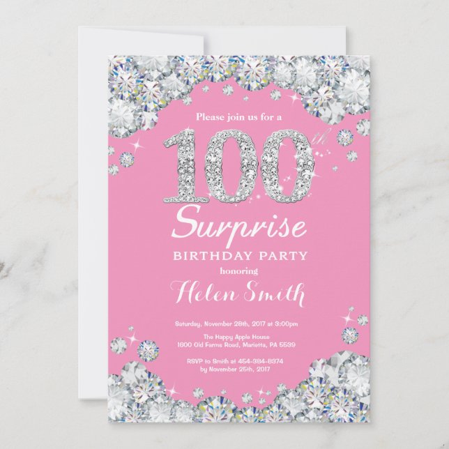 Invitation Surprise 100e Anniversaire Diamant Rose et Argent (Devant)