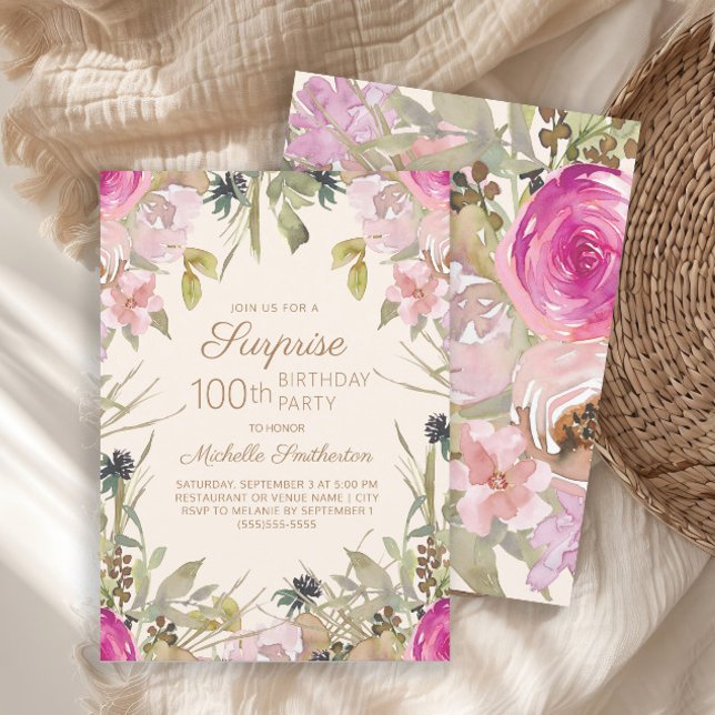 Invitation Surprise 100e anniversaire Fleurs rose violet  (Elegant pink watercolor floral and sage green leaves Surprise 100th birthday party invitation)