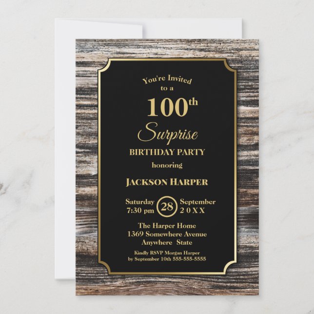 Invitation Surprise 100e Anniversaire Gold Frame Bois (Devant)