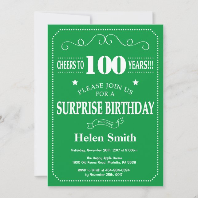 Invitation surprise 100e anniversaire Green and Wh (Devant)