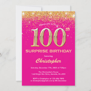 Invitation Surprise 100e anniversaire Hot rose et Parties sci