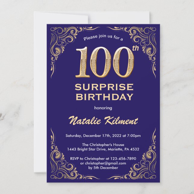 Invitation Surprise 100e anniversaire Marine Blue and Gold Pa (Devant)
