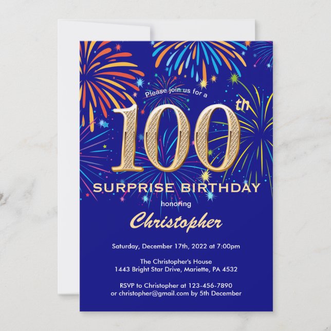 Invitation Surprise 100e anniversaire Marine Blue & Gold Fire (Devant)