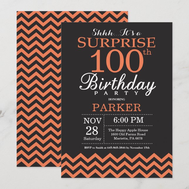 Invitation Surprise 100e Anniversaire Noir et Chevron Corail (Devant / Derrière)