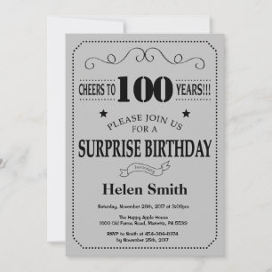 Invitation Surprise 100e Anniversaire Noir et Gris Argenté