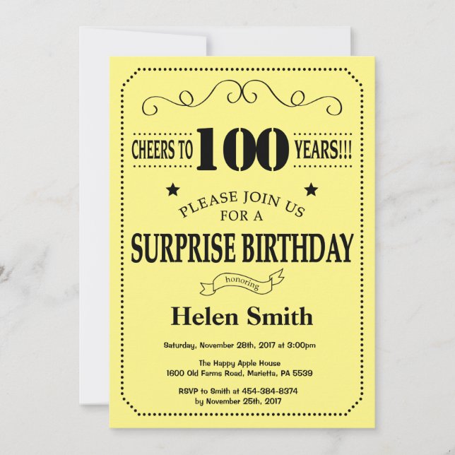 Invitation Surprise 100e Anniversaire Noir et Jaune (Devant)