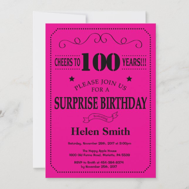 Invitation Surprise 100e Anniversaire Noir et Rose Chaud (Devant)