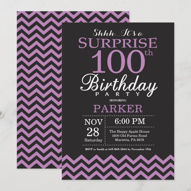 Invitation Surprise 100e Anniversaire Noir et Violet (Devant / Derrière)