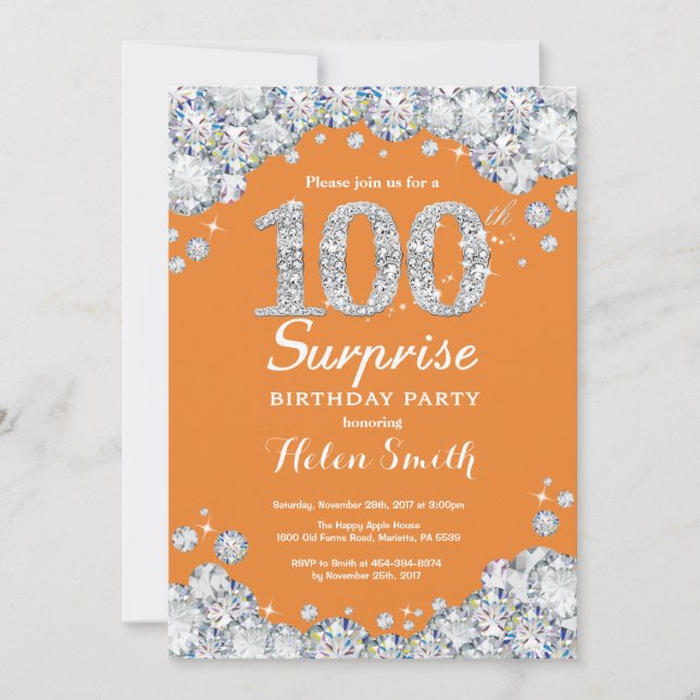 Invitation Surprise 100e Anniversaire Orange et Diamant Argen (Devant)