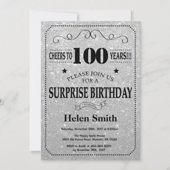 Invitation Surprise 100e Anniversaire Paillettes Noires et Ar (Devant)