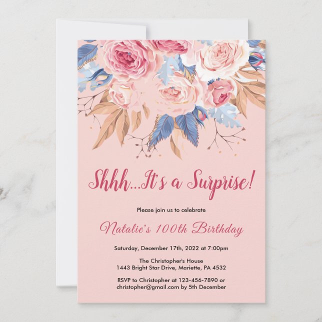 Invitation Surprise 100e anniversaire Pink Botanical Floral (Devant)