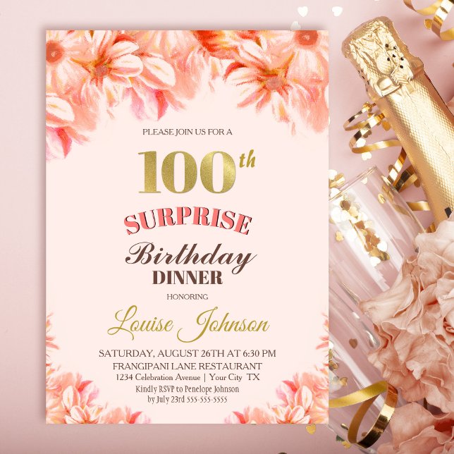 Invitation Surprise 100e anniversaire Pink Gold Floral Diner (Créateur téléchargé)
