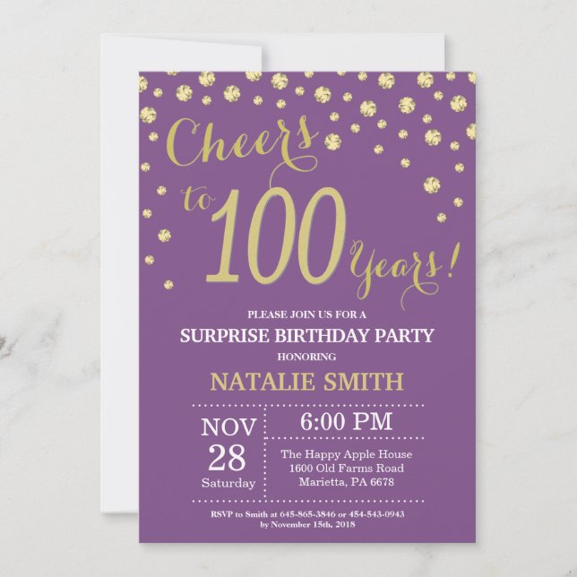 Invitation Surprise 100e anniversaire Purple and Gold Diamond (Devant)
