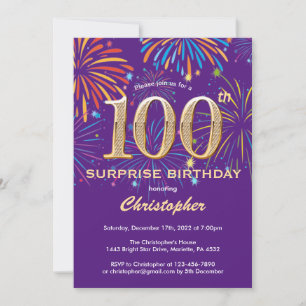 Invitation Surprise 100e anniversaire Purple and Gold Firewor