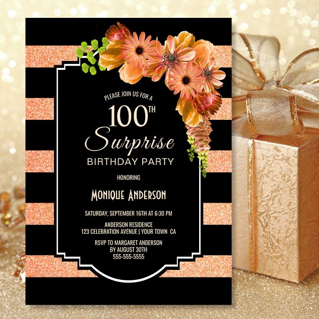 Invitation Surprise 100e anniversaire rayé orange floral (Créateur téléchargé)