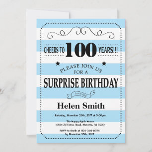 Invitation Surprise 100e Anniversaire Rayures Bleues et Blanc