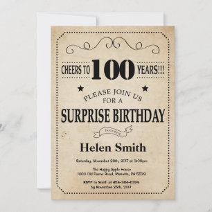 Invitation Surprise 100e Anniversaire Rustique Vintage Rétro