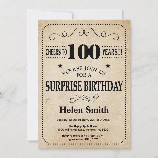 Invitation Surprise 100e Anniversaire Rustique Vintage Rétro (Devant)
