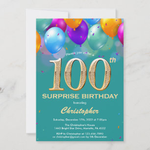 Invitation Surprise 100e anniversaire Turquoises et Ballons d
